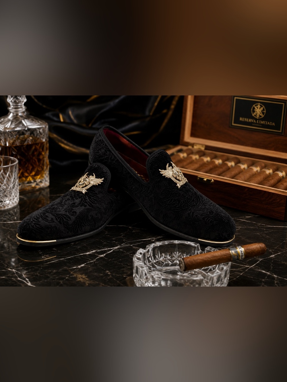 Smoking Slippers | Men’s Black Velvet Slip-On’s with Gold Crest Embellishment